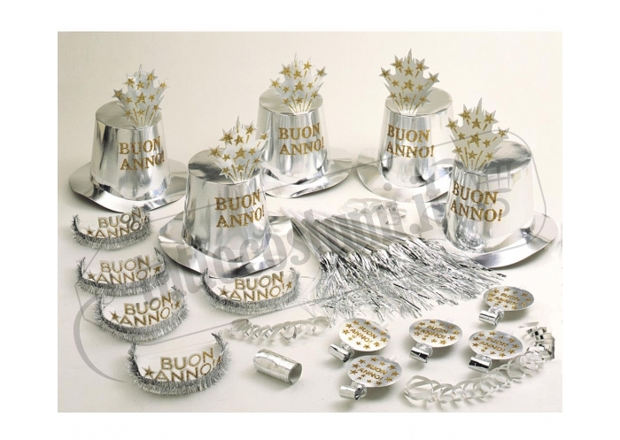 Widmann Party Kit Capodanno - 5 Cappellini, 5 Corone, 5 Trombe, 5 Trombe A Proboscide E Stelle Filanti - Colori Rosso E Argento, Scritta "Buon Anno"